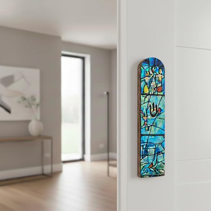 SURI Wooden Mezuzah for Door – 5 Inch Contemporary Turquoise Chagall-Inspired Mezuzzah Case with Printed Scroll, Self-Stick Adhesive, Fits a 4 Inch Scroll, Gift Box Include
