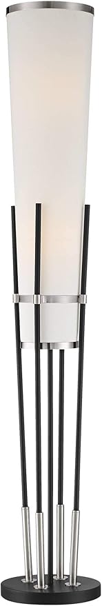 Possini Euro Design Flute Modern Torchiere Floor Lamp Standing 64" Tall Sleek Satin Black Brushed Nickel Metal White Sculptural Linen Shade for Living Room Reading House Bedroom Home Office