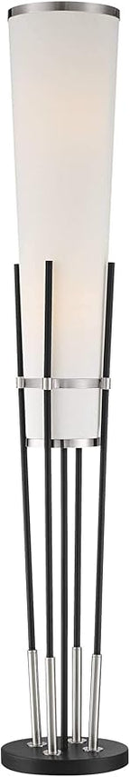 Possini Euro Design Flute Modern Torchiere Floor Lamp Standing 64" Tall Sleek Satin Black Brushed Nickel Metal White Sculptural Linen Shade for Living Room Reading House Bedroom Home Office