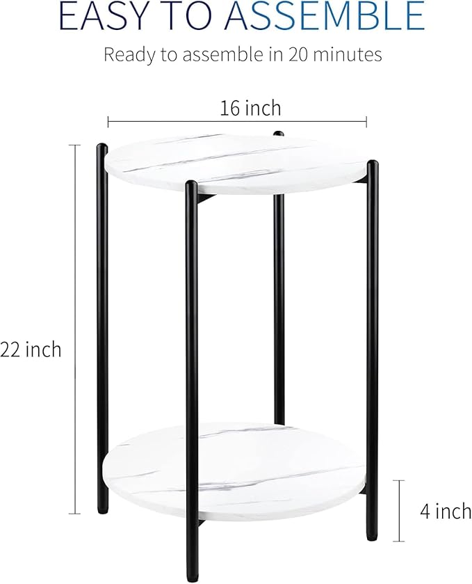 Small Round Side Table Set of 2, Black End Table with Faux Marble Top, Modern Sofa Table for Small Spaces in Living Room, Couch, or Bedroom Nightstand (2 pcs Black, Round)