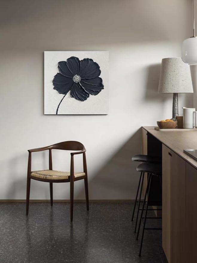 YaSheng Art - Thick Texture Flowers Abstract Oil Painting 100% Hand-Painted Black and White Wall Art Minimalist modern Abstract Art Paintings Home Living room Room Dining Room Bedroom Wall Decorative Art Oil Painting 24x24inch