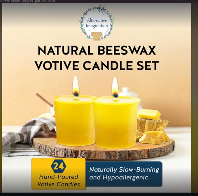 Alternative Imagination 100% Pure Natural Beeswax Votive Candles - 24 Pack - Hand-Poured - Unscented- Light Honey Aroma - 15 Hour Burn - Paraffin-Free, Long Lasting for Prayer, Meditation & Home Decor