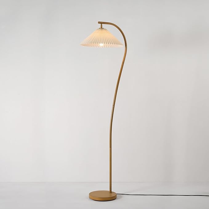 Globe Electric x Novogratz 61000043 62" Floor Lamp, Wood Toned, White Pleated Shade, Pivot Joint on Shade, On/Off Foot Switch, Black Cord, Modern Lighting for Living Room or Office