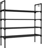 4 Tier Shoe Rack for Closet Shoe Organizer with 5 Hooks, Long Shoe Shelf Storage for Shoe and Boot Stackable Free Standing Shoe Rack for Entryway, Garage, Small Spaces, Dorm, Black