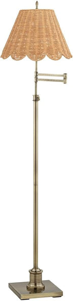 360 Lighting Westbury Modern Natural Cottage 70" Tall Standing Floor Lamp Skinny Pole Swing Arm Adjustable Gold Metal Antique Brass Finish Living Room Bedroom Reading Beige Scalloped Rattan Shade