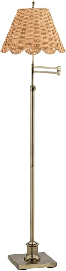 360 Lighting Westbury Modern Natural Cottage 70" Tall Standing Floor Lamp Skinny Pole Swing Arm Adjustable Gold Metal Antique Brass Finish Living Room Bedroom Reading Beige Scalloped Rattan Shade