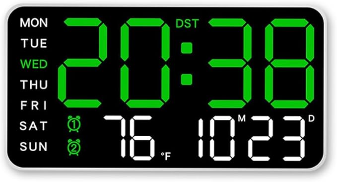 Multifunctional Decorative Led Digital Wall Clock,Large Digital Clock Shows Time,Date,Temperature,Auto Brightness Adjustment,Dual Alarms,Electronic Clock for Livingroom (Green lamp with white shell)