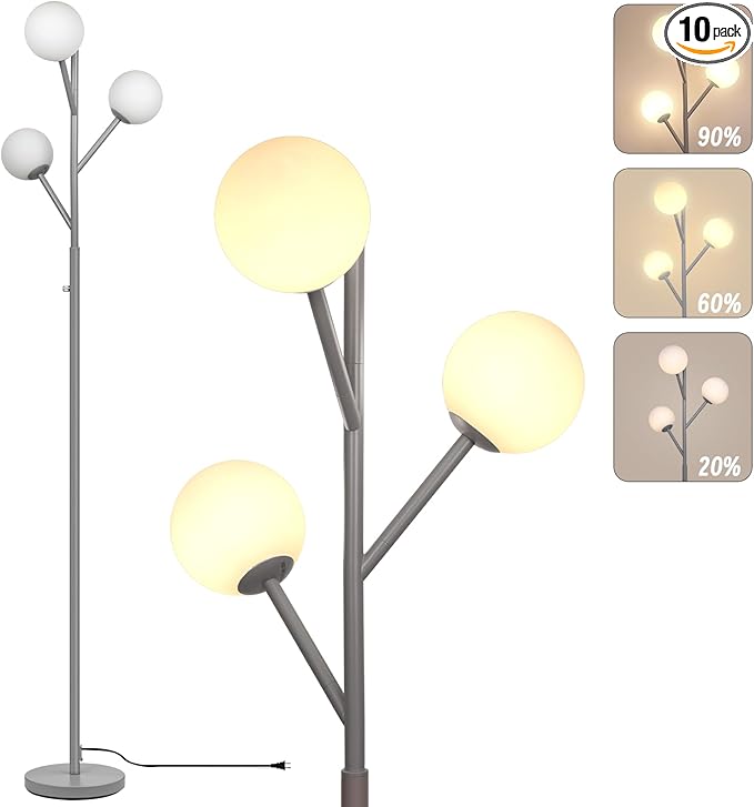 Dimmable 3-Globe Mid Century Modern Floor Lamp, Bulbs Included,70in Tall Silver Standing Floor Lamp with Frosted Glass Shade for Living Room,Office Bedroom, Study Room, Hotel, (dimmer-Silver)