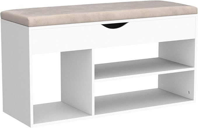 Apicizon 39 Inches Storage Bench, Shoe Bench with Flip Top Storage Space and Padded Cushion, Wooden Entryway Bench for Entryway, Living Room, 2-Tier Shoe Rack Organizer, White