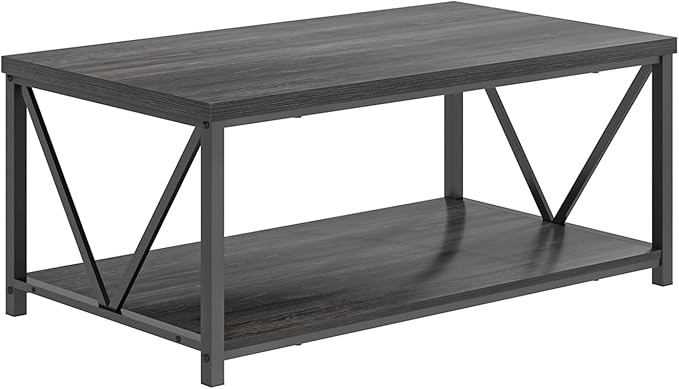FOLUBAN Coffee Table with Storage, Modern Small Center Tables for Small Spaces, Rustic Wood and Metal Cocktail Table for Living Room, 39.3 Inch Dark Gray