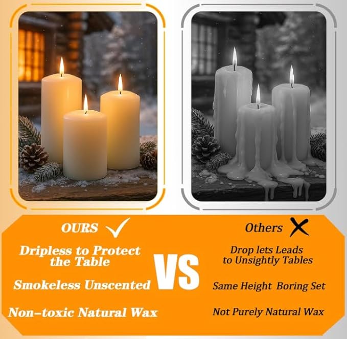Ivory Pillar Candles Bulk Set of 12, 3 Different Lengths 3 x 3/6/8 Inch (4 Each), Hurricane Candles, Dripless Unscented Smokeless, Gives You a Better Atmosphere When Organizing an Event Party.