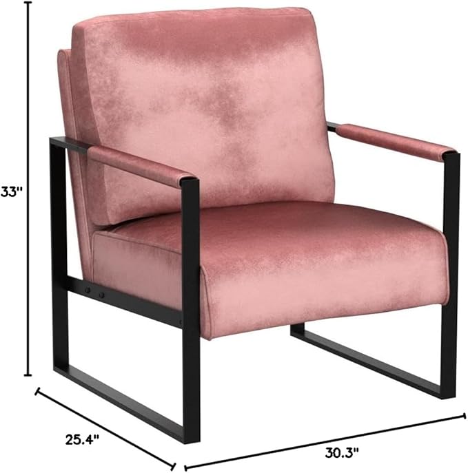 Container Furniture Classic Mid Century Modern Accent Chair with Durable Square Metal Frame, Armchair for Living Room, Bedroom, Home Office in Plush Velvet Upholstery, Rose