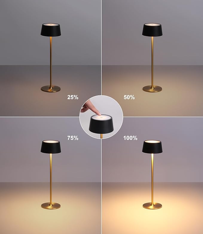 DAWALIGHT Cordless Lamp 4000mAh Rechargeable tbale lamp LED Desk Lamp Stepless Dimming Black and Gold Battery Operated Portable Cordless 2700K Gold Base
