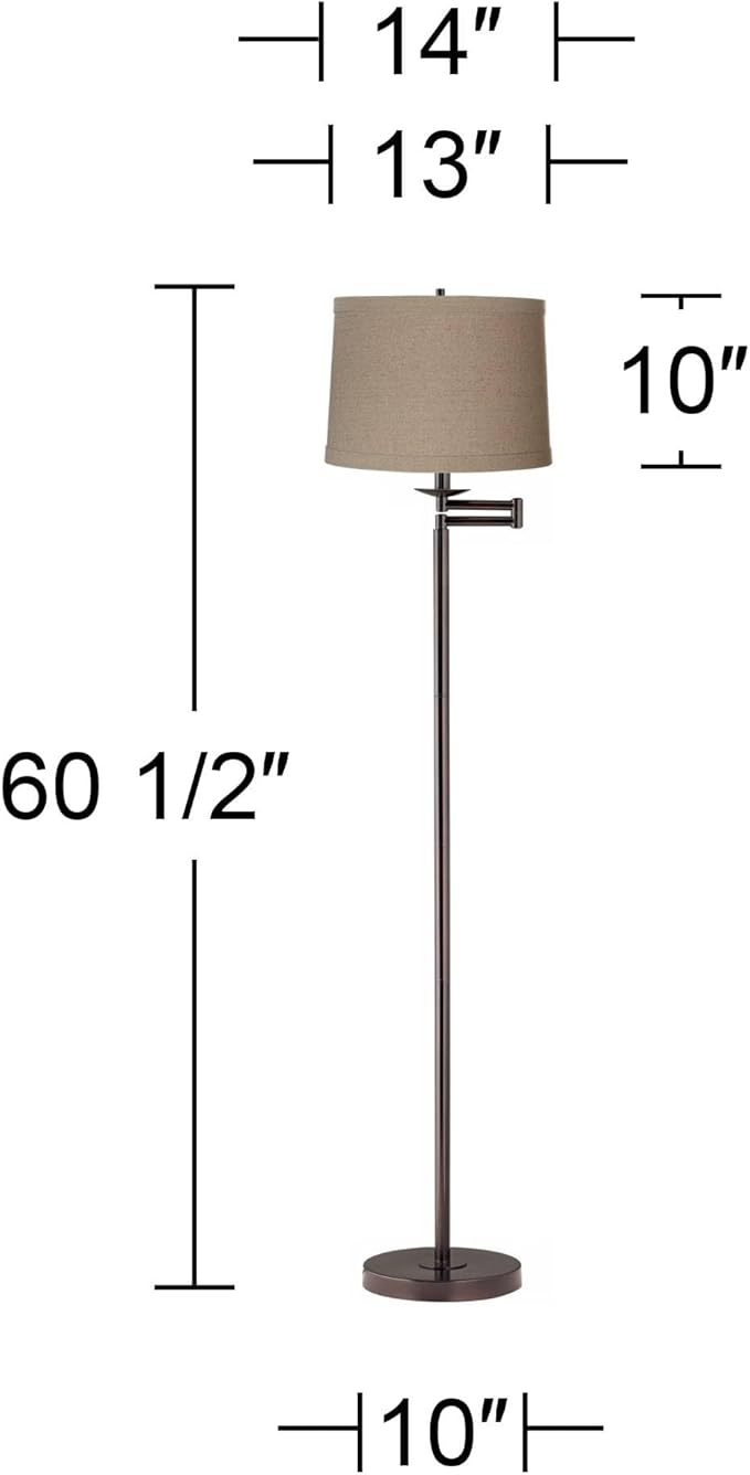360 Lighting Modern Swing Arm Floor Lamp Standing 60 1/2" Tall Bronze Brown Adjustable Natural Linen Fabric Drum Shade with Self Trim for Living Room Reading House Bedroom Office