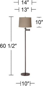 360 Lighting Modern Swing Arm Floor Lamp Standing 60 1/2" Tall Bronze Brown Adjustable Natural Linen Fabric Drum Shade with Self Trim for Living Room Reading House Bedroom Office