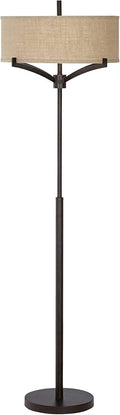 Franklin Iron Works Tremont Modern Mid Century Floor Lamp Standing 62" Tall Deep Bronze Metal Tan Burlap Drum Shade for Living Room Reading Bedroom Office House Home Decor