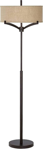 Franklin Iron Works Tremont Modern Mid Century Floor Lamp Standing 62" Tall Deep Bronze Metal Tan Burlap Drum Shade for Living Room Reading Bedroom Office House Home Decor