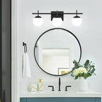 Black Bathroom Light Fixtures Over Mirror, Mid Century Modern Bathroom Vanity Light, 3 Light Globe Bathroom Lighting Fixtures with Milky Glass, Wall Light for Bathroom