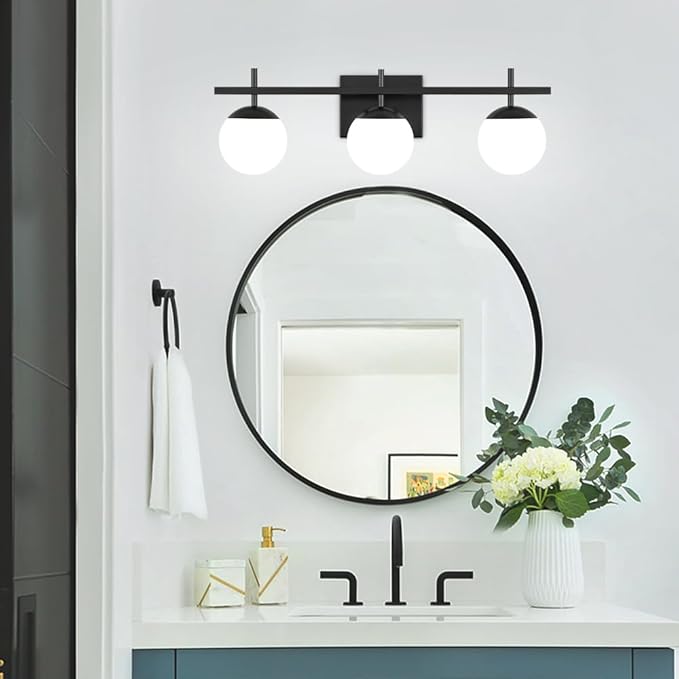 Black Bathroom Light Fixtures Over Mirror, Mid Century Modern Bathroom Vanity Light, 3 Light Globe Bathroom Lighting Fixtures with Milky Glass, Wall Light for Bathroom