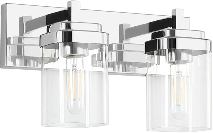 Vanity Light Fixture,2-Light Vanity Light for Bathroom,Matte Black Bathroom Vanity Lighting Over Mirror with Square Clear Glass Shade for Restroom