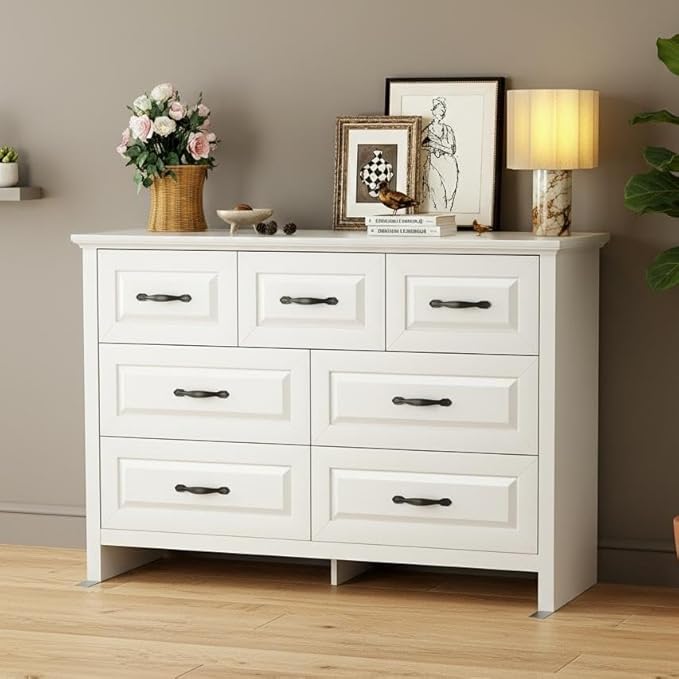 Marsail Farmhouse 7 Drawer Dresser, Wood Chest of Drawers with Natural Texture, Smooth Gliding Drawers, Versatile Storage Organizer Cabinet for Bedroom & Living Room, White