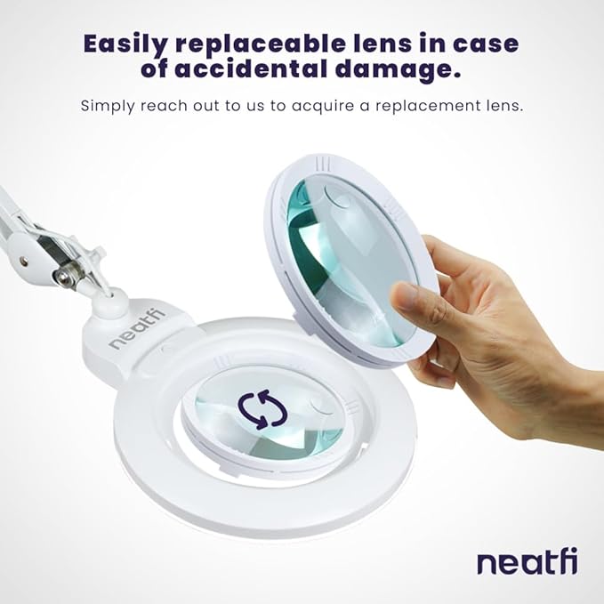 Neatfi XL Bifocal LED Magnifying Lamp – 7-Inch Glass Lens, 2.25x & 6X Magnification, 1,600 Lumens, Dimmable LED, Adjustable Arm, Hands-Free Close Work (White, Glass Lens with Clamp)