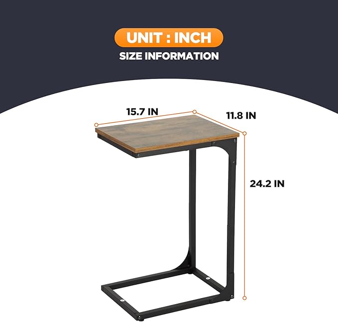 FDW C-Shaped End Table Wooden Top Side Table Adjustable Feet Small Cough Table Bedside End Table with Metal Frame for Bedroom Living Room,Set of 2,Brown