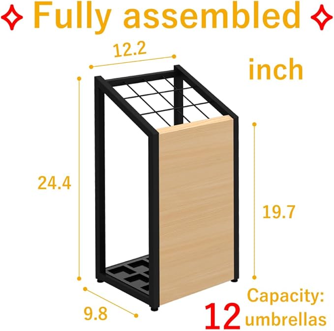 AKIRA Mid-Size Umbrella Stand for 12-Umbrellas Modern Natural Wood Grain & Black Metal Entryway Organizer Rack Holder for Office or Lobby, Model US-US-0325-BKNA