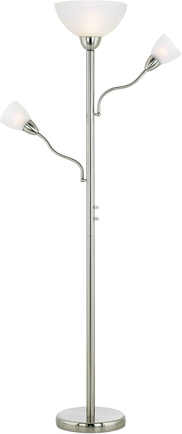 Possini Euro Design Alexei Modern Torchiere Floor Lamp Tree 3-Light Gooseneck Arm 72" Tall Brushed Nickel White Crackle Glass Pole Dimmer Living Room Reading House Bedroom Home Office
