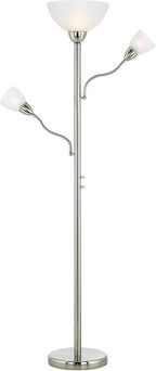 Possini Euro Design Alexei Modern Torchiere Floor Lamp Tree 3-Light Gooseneck Arm 72" Tall Brushed Nickel White Crackle Glass Pole Dimmer Living Room Reading House Bedroom Home Office