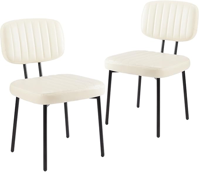 Dining Chairs Set of 2, Mid Century Modern Upholstered Kitchen Chair with PU Leather Cushion Seat & Metal Legs for Home/Living Room/Bedroom/Office-White