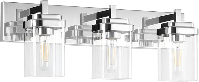 Vanity Light Fixture,3-Light Vanity Light for Bathroom,Chrome Bathroom Vanity Lighting Over Mirror with Square Clear Glass Shade for Restroom