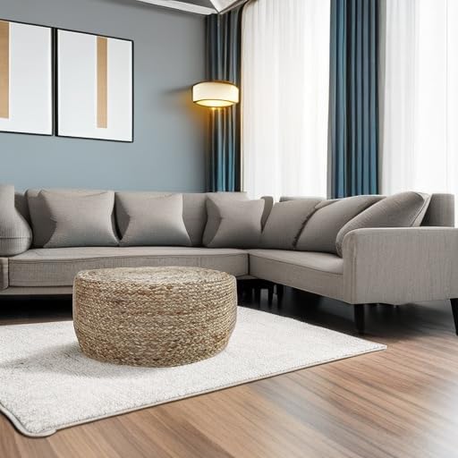 Jute Pouf Ottoman | Footrest Pouf | Hand Braided - Round Boho Pouffe - for Living Room, Bedroom, Nursery (20"x20"x10") Natural
