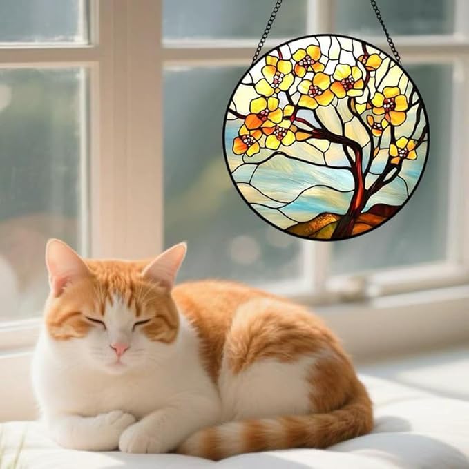 Yellow Blossom Tree Stained Glass Suncatcher Window Hanging Floral Glass Panel Nature Art Home Window Decoration Gift