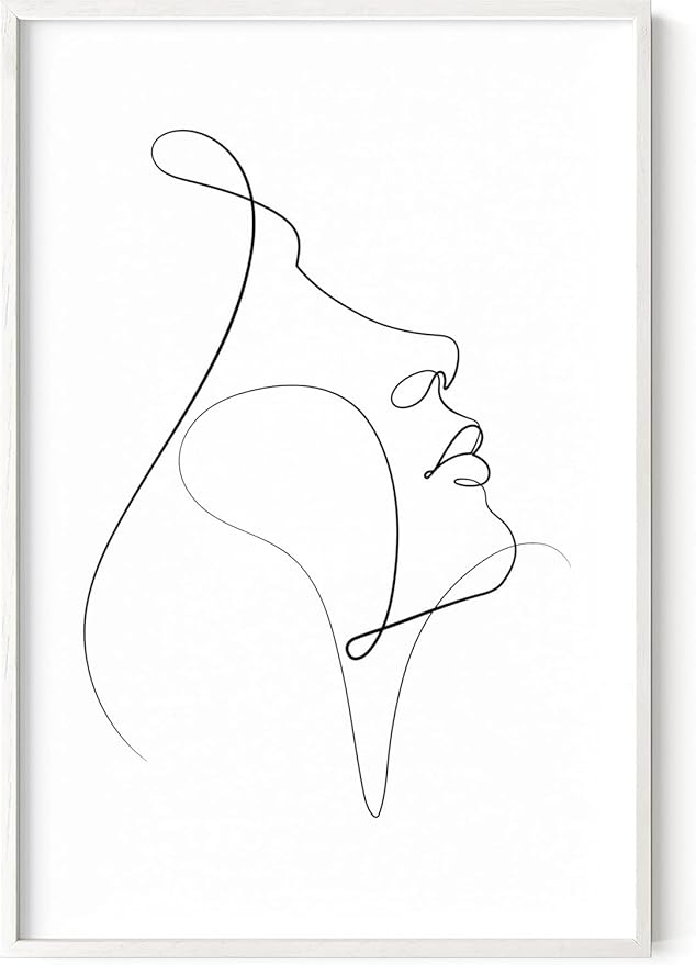 Minimalist Woman Profile Wall Art Upward Gaze Continuous Line Drawing Feminine Face 24x36 Inch Oak Wood White Framed Modern Aesthetic Print for Living Room