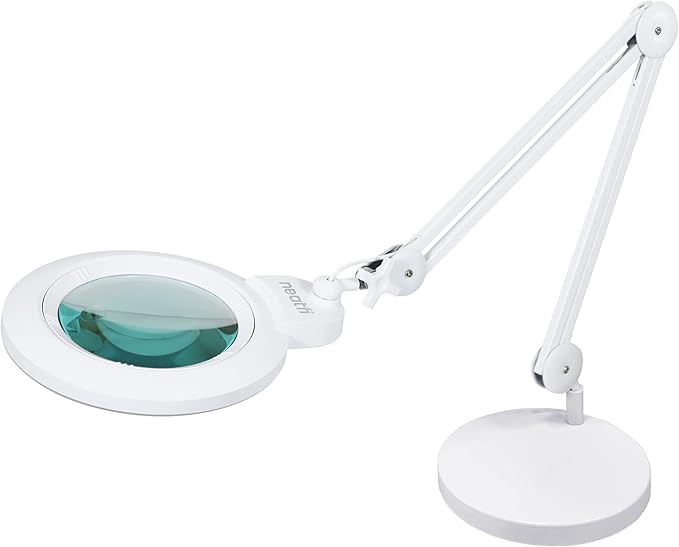 Neatfi XL Bifocal LED Magnifying Lamp – 7-Inch Acrylic Lens, 2.25x & 6X Magnification, 1,600 Lumens, Dimmable LED, Adjustable Arm, Hands-Free Close Work (White, with Base)