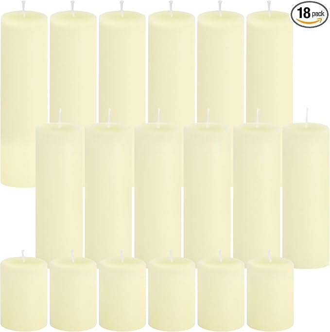 Ivroy Pillar Candles Bulk Set of 18，Hurricane Candles，3 Different Lengths 2 x 3/6/8 Inch (6 Each)，Dripless Unscented Smokeless，Gives You a Better Atmosphere When Organizing an Event Party.