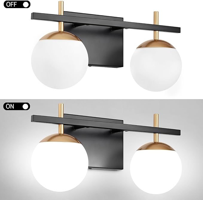Bathroom Light Fixtures Over Mirror, Black and Gold Mid Century Modern Bathroom Vanity Light Fixtures with Milky Glass Shade 2-Light Globe Sconces Wall Lighting for Living Room Hallway