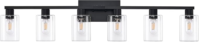 6-Light Bathroom Vanity Light Black Vanity Lights for Bathroom Light Fixtures Matte Black 6 Light Fixtures with Clear Glass Shades for Bath Over Mirror