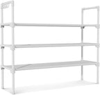 3 Tier Shoe Rack for Closet, Shoe Organizer with 5 Hooks, Long Shoe Shelf Storage for Shoe and Boot Stackable Free Standing Shoe Rack for Entryway, Garage, Small Spaces, Dorm, White