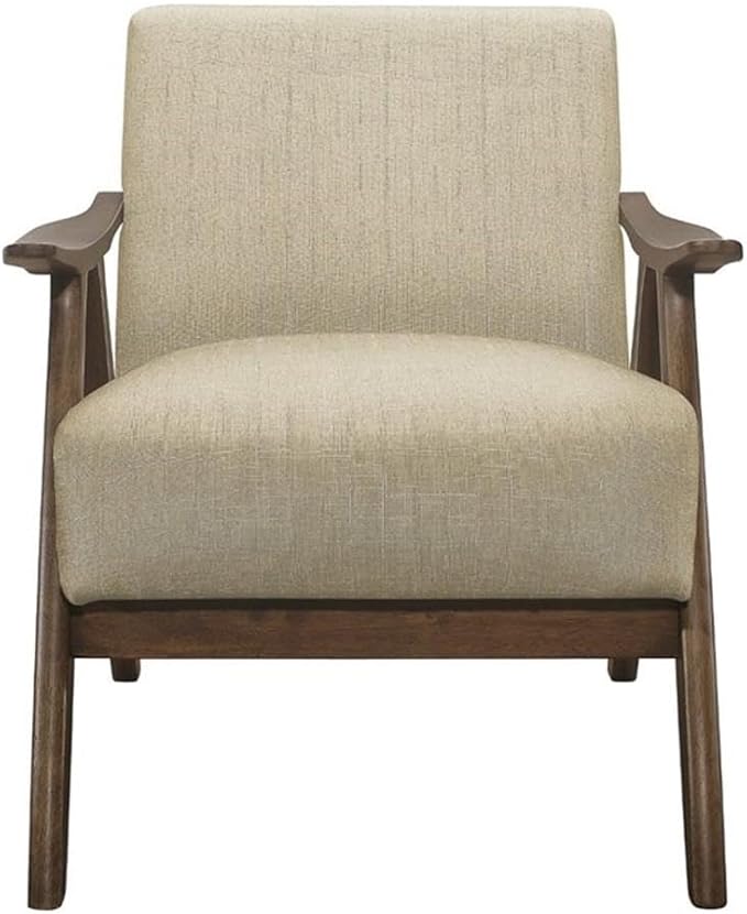 Lexicon Mid Century Modern Accent Chair with Solid Wood Frame in Walnut Finish, Upholstered Living Room Lounge Arm Chair, Thick and Comfy Innerspring Seat Cushion, Linen-Look Fabric, Light Brown