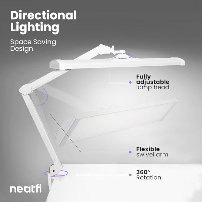 Neatfi Ultra Desk Lamp – 3,500 Lumens, 45W LED, 26-Inch Wide Shade, 5 Brightness Levels, Clamp Mount, Shadow-Free, Non-Flickering Light (Non-CCT with Clamp, White)