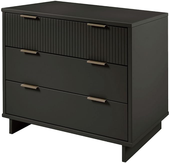 Manhattan Comfort Granville 38-Inch Solid Wood Dresser with 3 Full Extension Soft Close Drawers, Fluted Ribbed Front with Gold Metal Handles for Bedroom, Living Room, Dorm, Nursery in Dark Grey
