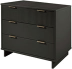Manhattan Comfort Granville 38-Inch Solid Wood Dresser with 3 Full Extension Soft Close Drawers, Fluted Ribbed Front with Gold Metal Handles for Bedroom, Living Room, Dorm, Nursery in Dark Grey