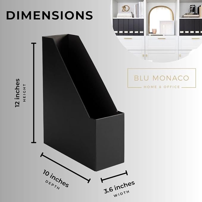 BLU MONACO | Cardboard Magazine File Holder Set of 6 Black | Vertical Magazine File Holder with Gold Label Slots | Standing File Holder and Cardboard Bins for Shelves Desk Storage