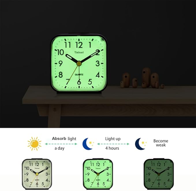 Small Battery Operated Analog Travel Alarm Clock Silent Non Ticking,Gentle Wake, Ascending Beep Sounds, Snooze,Lighted on Demand, Glow in Dark dial,Easy Set