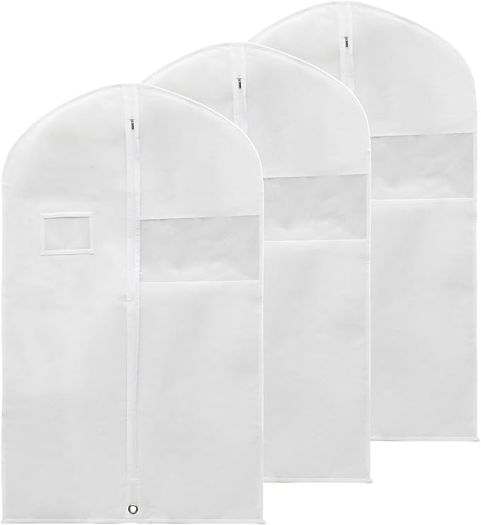 PATIKIL 60" Garment Bag, 3 Pack Breathable Suit Bag for Storage Hanging Clothes Dustproof Garment Covers for Suits Coats Dresses, White
