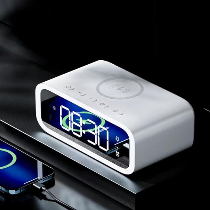 IHAO 5in1 Multi-Functional Alarm Clock with Wireless Charging 15W Fast Charger for Phone & Earbuds 3 Group Alarms, Dimmable Night Light, USB Port, Digital Clock Adjustable Light Mini Mirror QXF-805