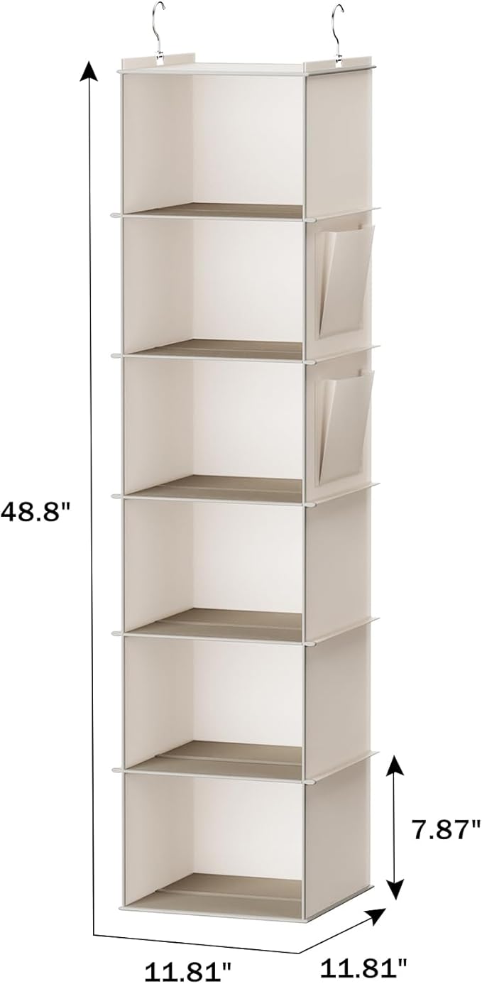 YOUDENOVA Hanging Closet Organizer, 6-Shelf Closet Hanging Storage with Side Pockets, Beige | with Side Pockets