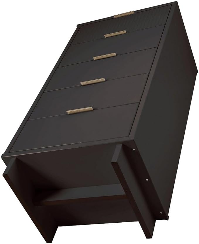 Manhattan Comfort Granville 24-Inch Modern Tall Dresser with 5 Full Extension Soft Close Drawers, Textured Ribbed Lines Design Made of Solid Wood with Gold Accent, TV Stand for Bedroom, Dark Grey